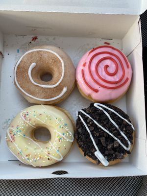 Cinnamon swirl, strawberry swirl, lemon sprinkles and chocolate cookie. at Dunkin' in Goes