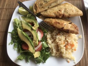 quesadillas fritas de tinga de zanahoria guisada con chipotle y de papas con rajas  •ensalada • arroz at HARI in Cuernavaca