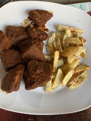 Boneless soy bites with fries  at HARI in Cuernavaca