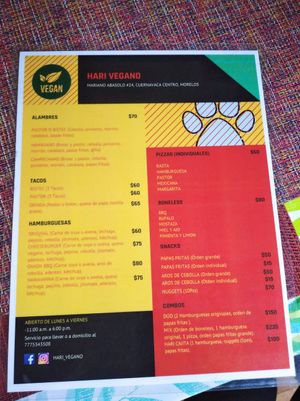 Menu at HARI in Cuernavaca