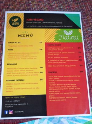 Menu at HARI in Cuernavaca