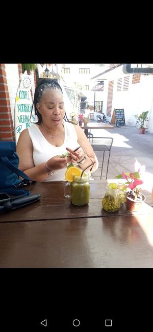 She loves green juice smoothies:) at Elixir Spot in Puerto Vallarta