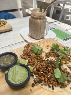 Tacos with The happy protein smoothie   at Elixir Spot in Puerto Vallarta