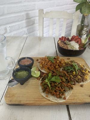 Açaí smoothie bowl and 3 vegan tacos (soy).  at Elixir Spot in Puerto Vallarta