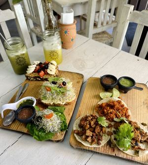 Tacos and Toast (sweet, hummus avocado)  at Elixir Spot in Puerto Vallarta