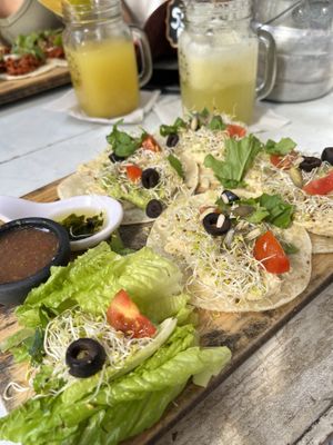 Hummus toast on corn tortillas   at Elixir Spot in Puerto Vallarta