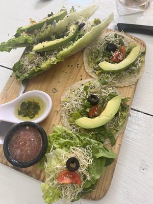 Avocado”toast” on tortillas and on lettuce   at Elixir Spot in Puerto Vallarta