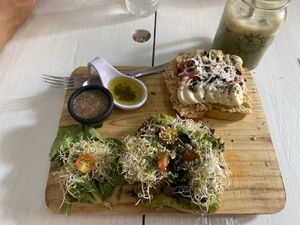 Sweet toast & mushroom avo toast with iced matcha   at Elixir Spot in Puerto Vallarta