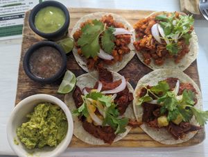 Pastor y picadillo tacos at Elixir Spot in Puerto Vallarta