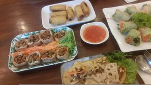 Spring rolls, tofu puffs, lotus root in cashew cream at The Vegetarian in Phnom Penh