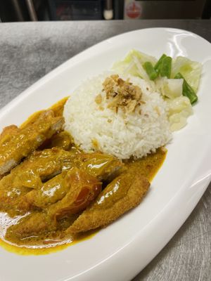 Vegan fish fillets w/ Malaysian curry and rice .  at LA EAT 嚟食 in Outlying Islands