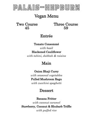Example vegan menu at Palais-Hepburn in Hepburn Springs
