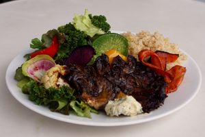 Mushroom BBQ Plate
Maitake mushroom slowly marinated in BBQ sauce with flavorful carrots on the side and garlic butter on top.  at Whitely by Toriba Coffee in Hayama