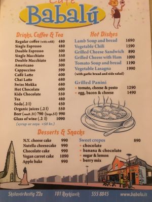 Updated Prices 10/22/17 at Cafe Babalu in Reykjavik