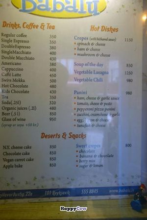 Menu at Cafe Babalu in Reykjavik