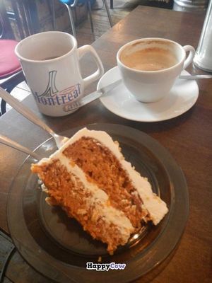 Coffee with soy milk, soy cappuccino, carrot cake at Cafe Babalu in Reykjavik