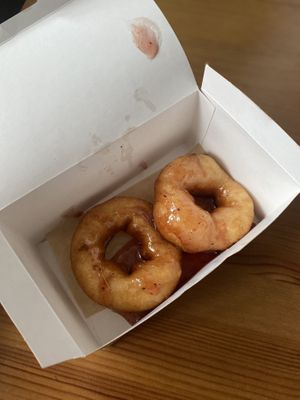 Classic vegan donuts with the one vegan syrup (wild berry) at Ponochka in Krasnodar