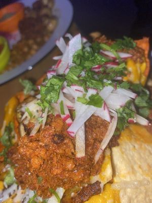 Close up of the plant based nachos! Vegan Cheeze and vegan queso with vegan chorizo and other garnishes!   at Luv Child in Tampa