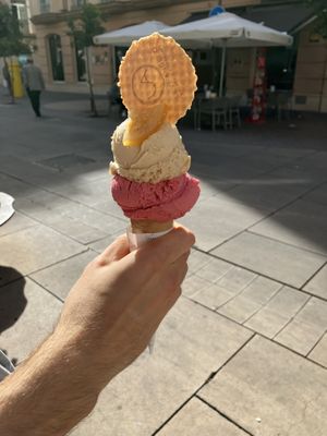 Raspberry & green tea sorbet and (we think) pistachio & orange?  at Levi Angelo Gelato & Chocolate in Malaga