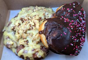 Banana Chocolate fritter with walnuts and Double Chocolate doughnut at Little Vessels Donut Co in Honolulu
