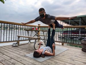 Plenty of dock-side outdoor seating. at Mozart's Coffee Roasters in Austin
