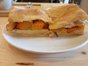 Focaccia sandwich with pumpkin, chickpeas, and vegan mayo for lunch. Yum! at Forno Brisa - Via Galliera in Bologna