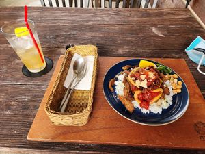 This was a soy chicken and vegan cheese rice dish. Really good, try their ginger ale as well. at Rotton 六屯 in Chatan