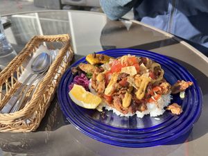 “Chicken” with “cheese” over rice  at Rotton 六屯 in Chatan