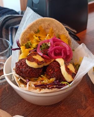 Beetroot falafel and Halloumi pitta at Chickpea  in Reykjavik