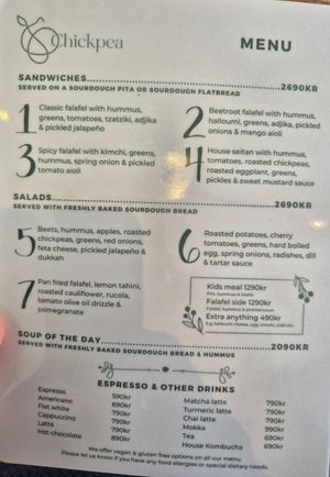 Menu as of August 9, 2025 at Chickpea  in Reykjavik