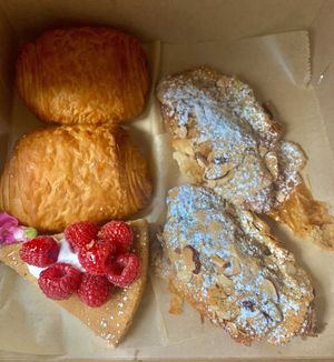 Chocolate croissants, almond croissants, and vanilla cake :-) at Chaumont Vegan in Beverly Hills