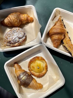 Almond/chocolate croissant, plain croissants, chocolate and custard bar and pear tart   at Chaumont Vegan in Beverly Hills