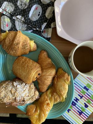 “Ham and cheese” , chocolate, almond and regular croissants and a truly decadent custard filled twist   at Chaumont Vegan in Beverly Hills