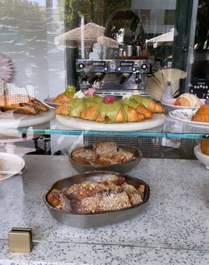 vegan matcha croissant with a flower on top at Chaumont Vegan in Beverly Hills