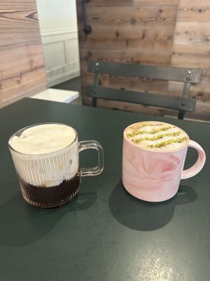 Mont Blanc to the left, I DREAM of this drink. Espresso over ice, topped with their house made vanilla cream. Pistache latte to the right.   at Chaumont Vegan in Beverly Hills