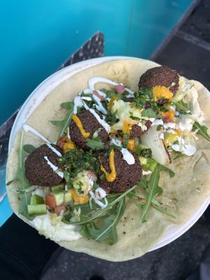 Open face pita with falafel - very good!   at MeZe Eatery in Grass Valley