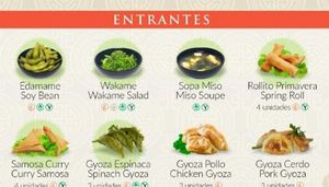 Starters. The ones with a green background are vegan at Sumo Sushi in Mallorca