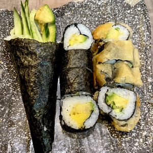 Vegetable Temaki, Mango + Avocado Maki, Tempuv cooked roll  at Sumo Sushi in Mallorca