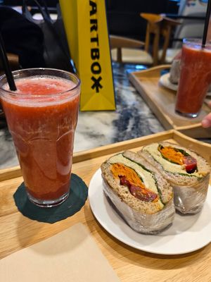 Vegan sandwich with strawberry juice at Dohyeongdang - 도형당  in Busan