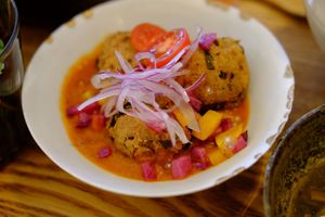 Daily Special "ganmodoki" with miso soup, brown rice, and vegetables. at LIFE CREATION SPACE OVE in Tokyo