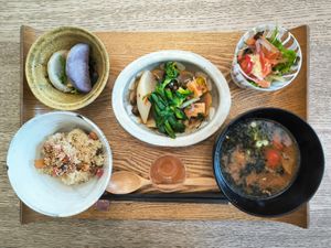 Miso soup lunch set with the main dish changing daily at LIFE CREATION SPACE OVE in Tokyo
