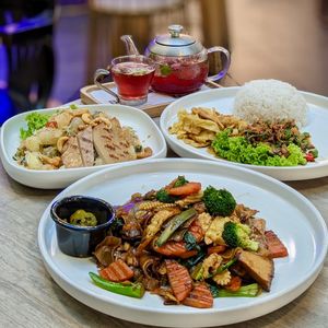 Vegan Stir-Fried Kway Teow with OnlyEg and Black Soy Sauce, Vegan Classic Stir-Fried Thai Minced Basil, Vegan Pomelo Salad with Shandi Global Chicken, Roselle Passionfruit Tea at Bangkok Jam - Dhoby Ghaut in Central Singapore