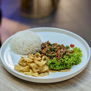 Vegan Classic Stir-Fried Thai Minced Basil with OnlyEg and Shandi Global Minced Chicken at Bangkok Jam - Dhoby Ghaut in Central Singapore