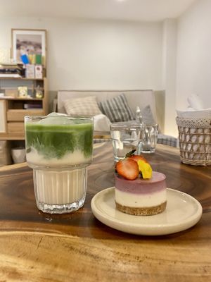 Iced matcha and tangy lemon raspberry mini cake  at Rawberry in Ho Chi Minh City