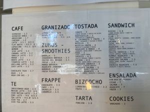 Menu (apologies for poor photo) at La Pastelería del Duque in Madrid