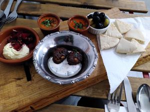 Middle Eastern platter, houmous, pickles beetroot, pita bread, soup, olives, köfte with mint dip (if I recall correctly) at In 't grün in Zonhoven