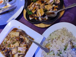 Mapo tofu, tofu in black bean sauce and vegetable fried rice at New Oriental Asiatico in Lanzarote