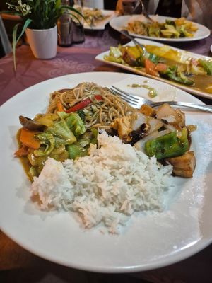Rice, noodles with veg, curry veg and tofu in black bean sauce at New Oriental Asiatico in Lanzarote