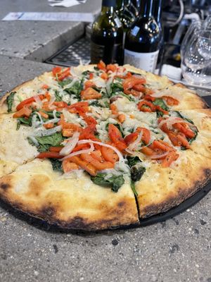 Vegan pizza with vegan cheese at Portage Tap House in Rangeley