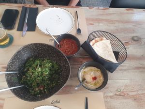 Strarters For The Lebanese Mix Grill that can easily satisfy 3 persons for less than 50 euro! Very tasty the Chicken Kebab! at Salut in Limassol